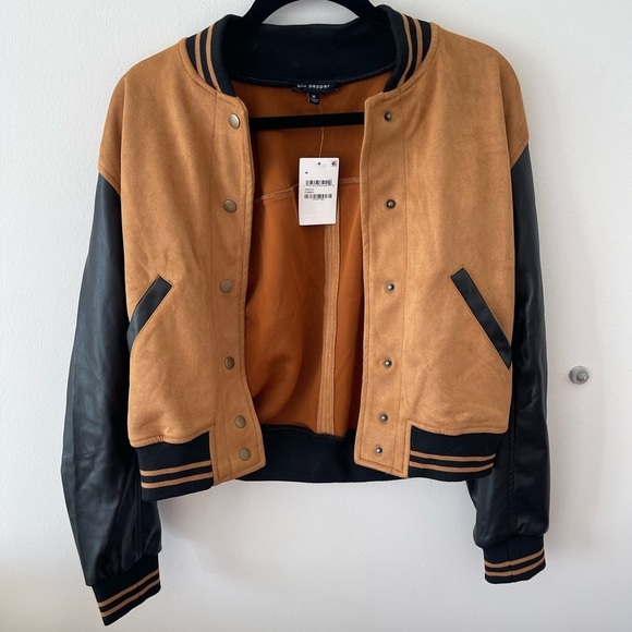 Blu Pepper Tan Suede and Black Leather Women's Varsity Jacket - Picture 1 of 8